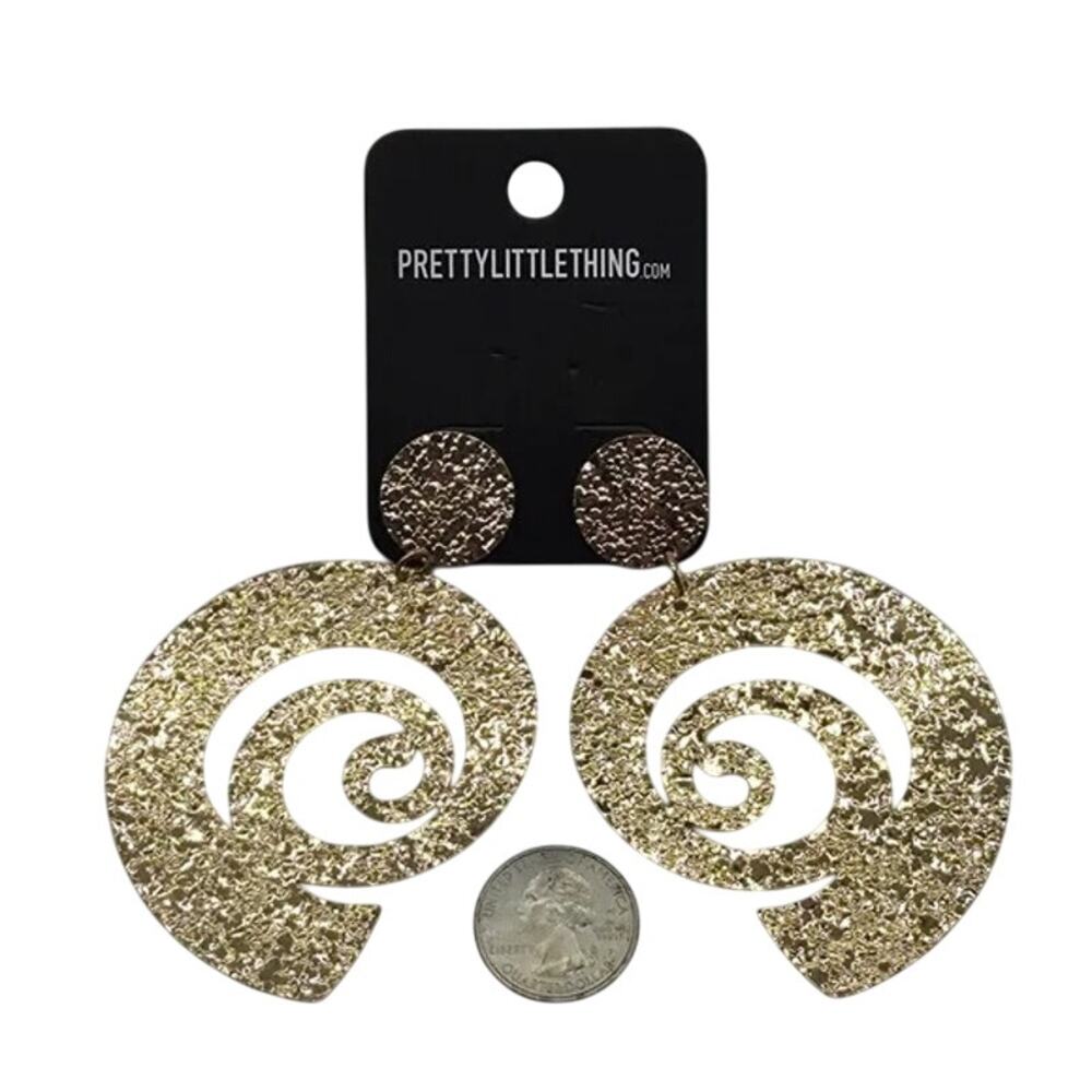 NWT PrettyLittleThing Gold Textured Swirl Disk Statement Earrings Drop Dangle - Picture 16 of 16